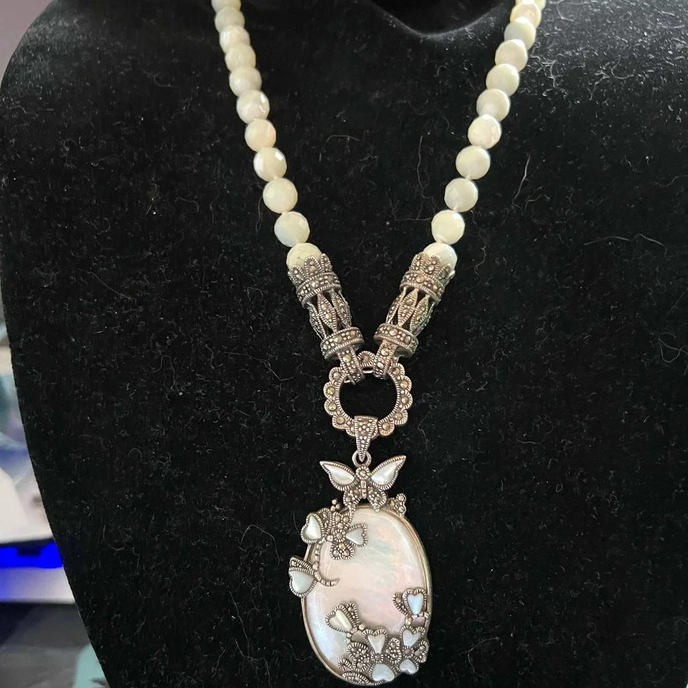 Artisan 925 Silver MOP Marcasite Faceted Iolite Tourmaline Necklace - Picture 1 of 9